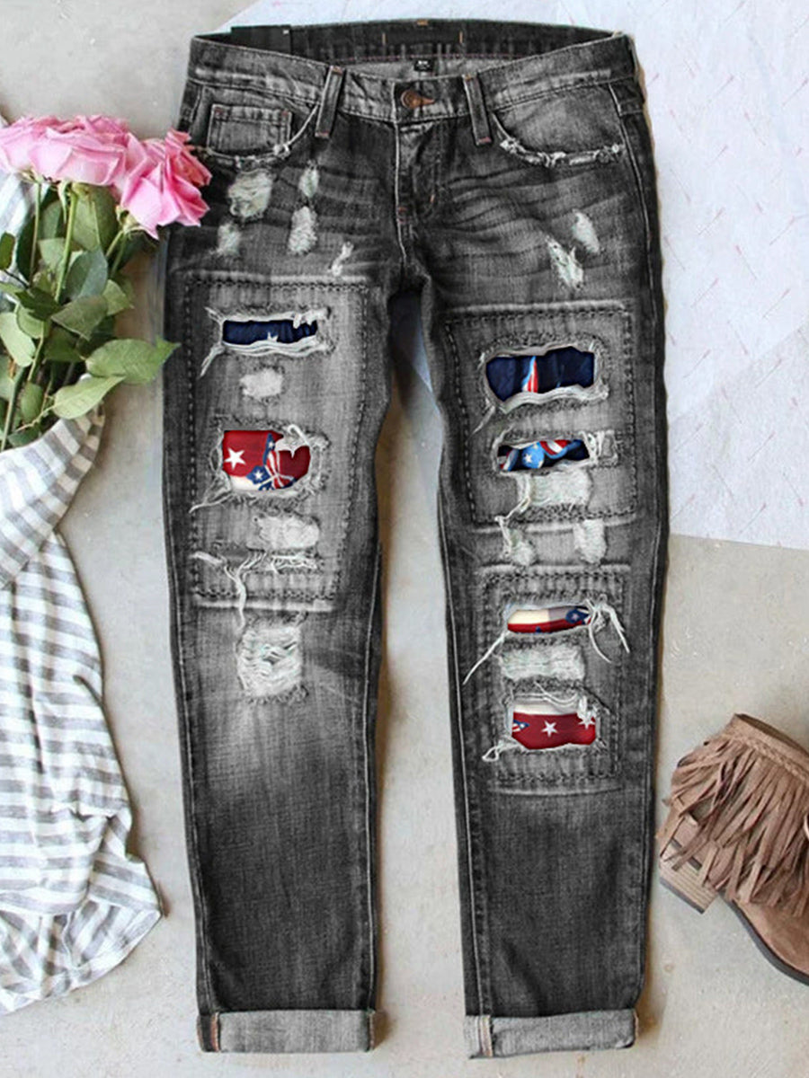 LilyWish Stretch Ripped Frayed Raw Hem Distressed Jeans