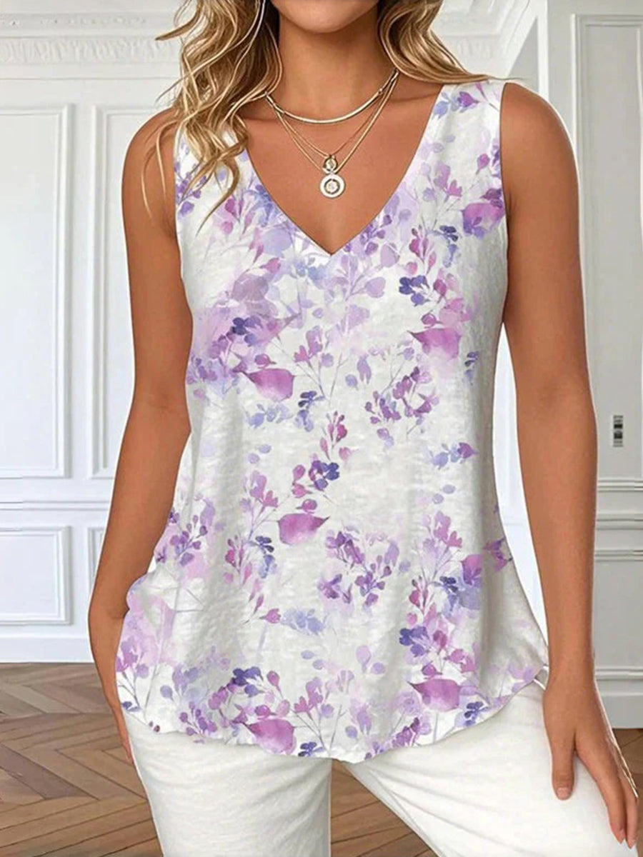 LilyWish Vintage Floral Print V-neck Sleeveless Tank Top