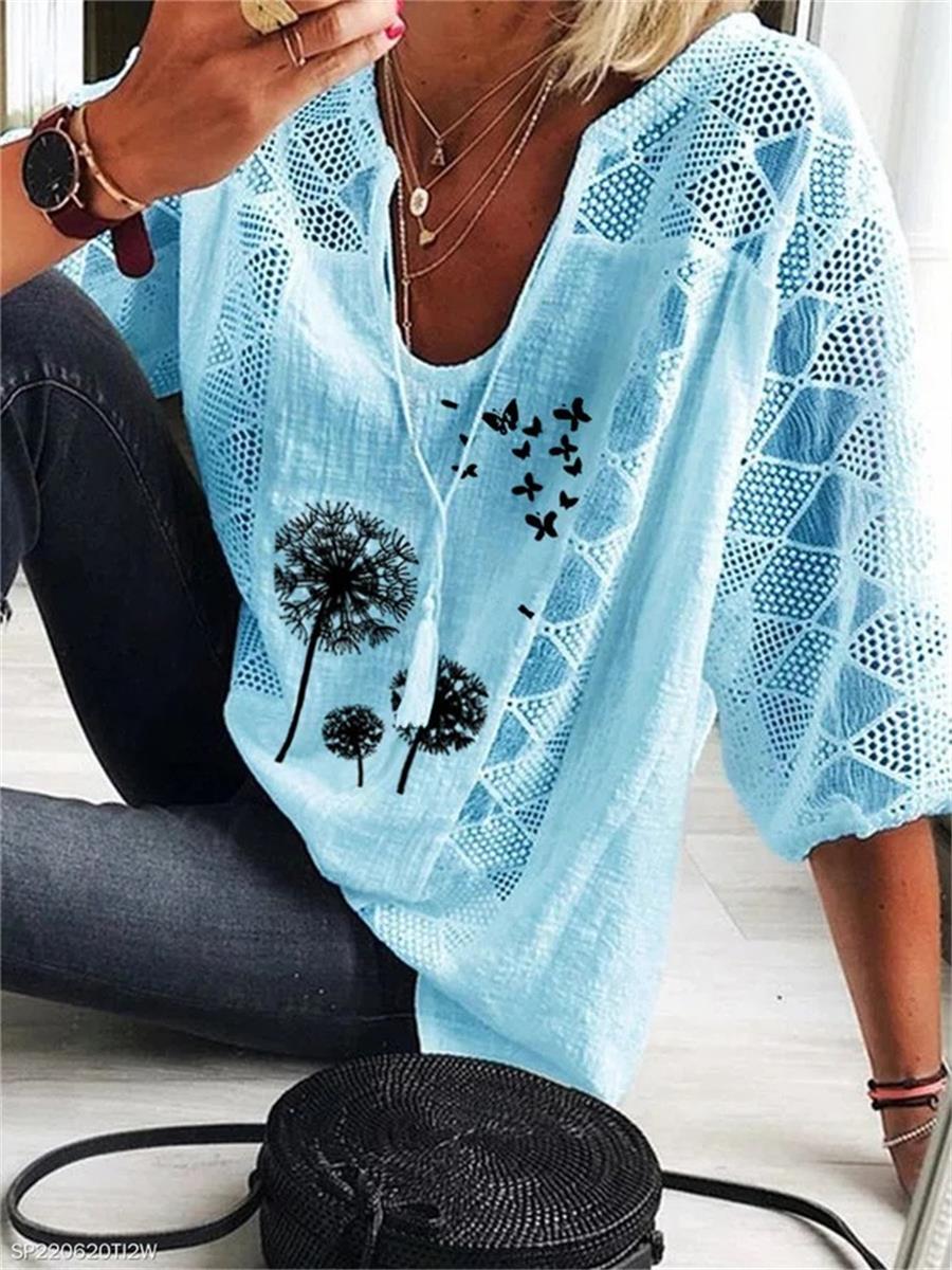 Blue Casual Graphic Tops V Neck Dandelion Printed Half Sleeve Blouse
