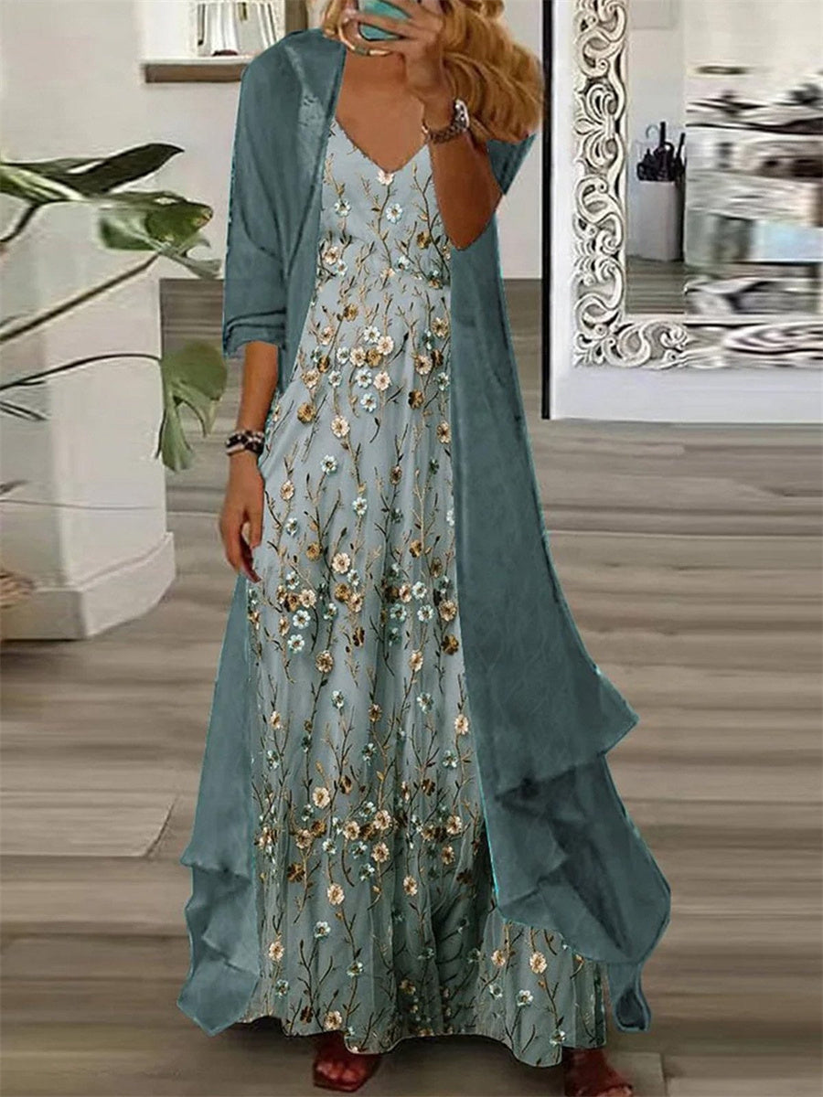 Women's Elegant Floral Maxi Dress with Lightweight Cardigan