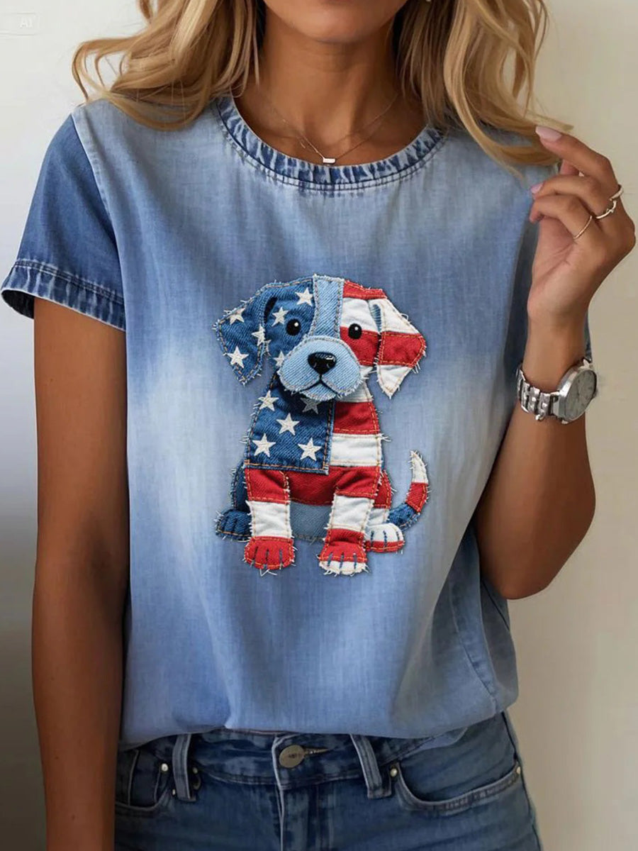 LilyWish Groovy Blue Round Neck Short Sleeve Top