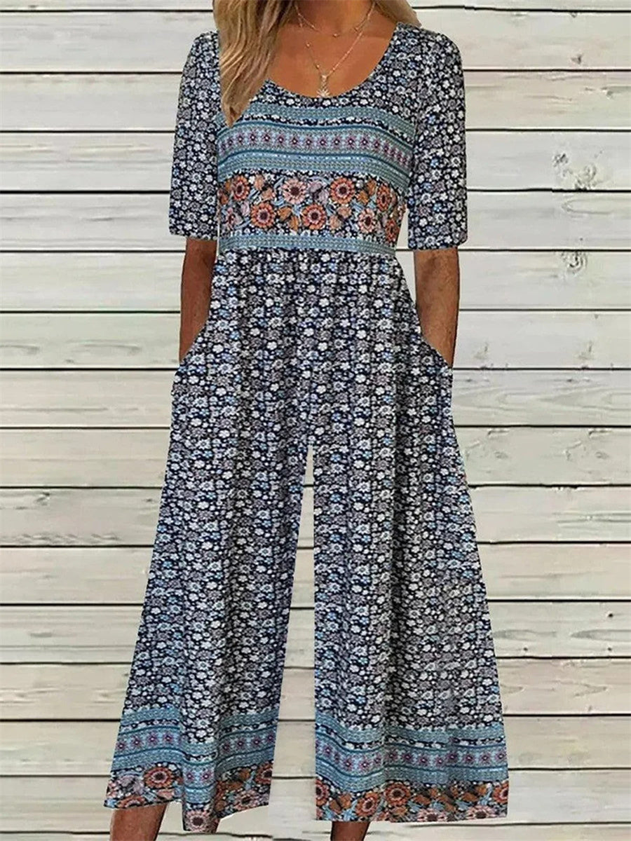 Floral Print Round Neck Short Sleeve Jumpsuit