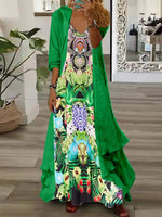 Women's Long Sleeve V-neck Graphic Printed Two Pieces Maxi Dress