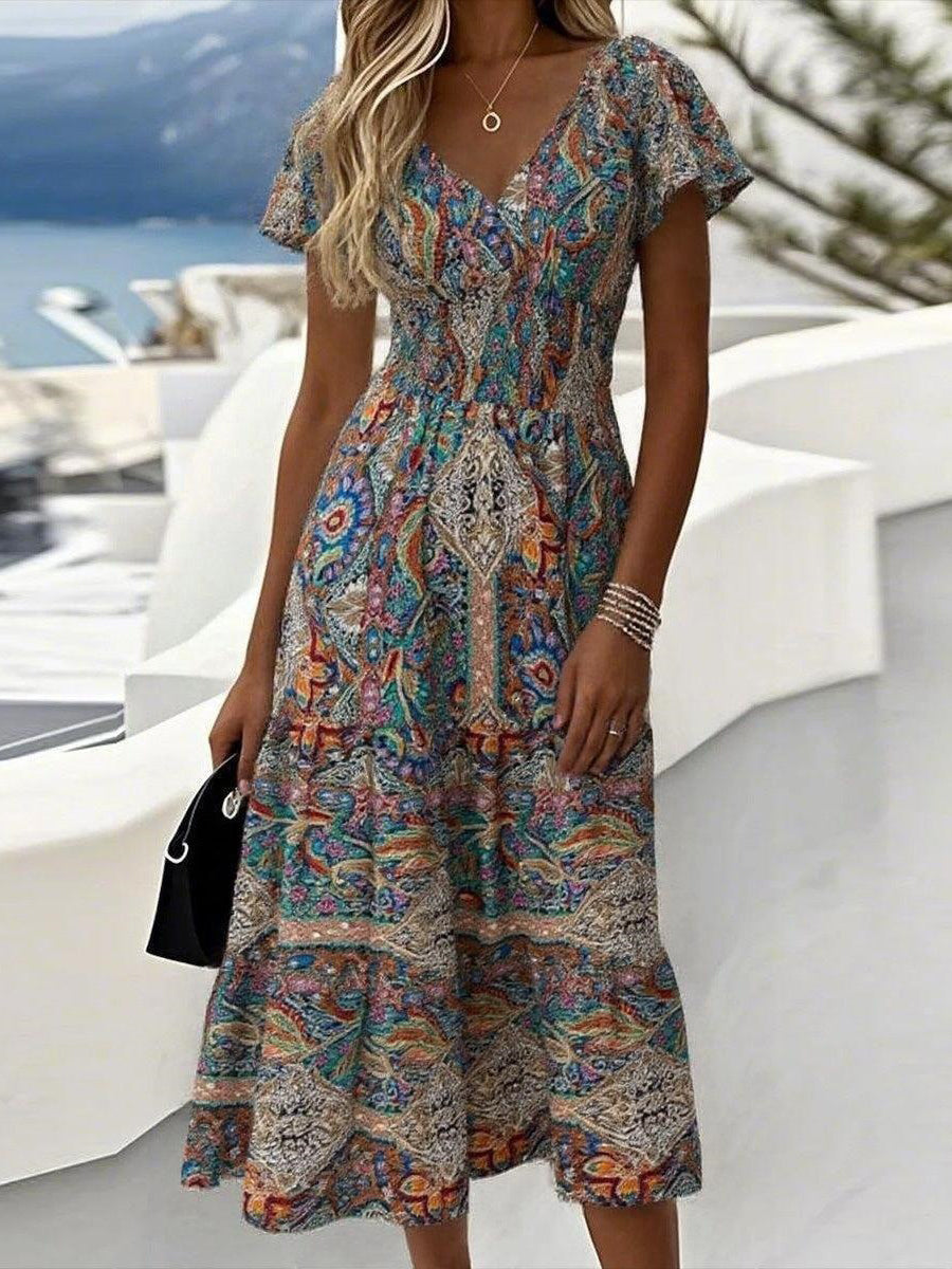 LilyWish Unique Paisley Print V-neck Short Sleeve Midi Dress