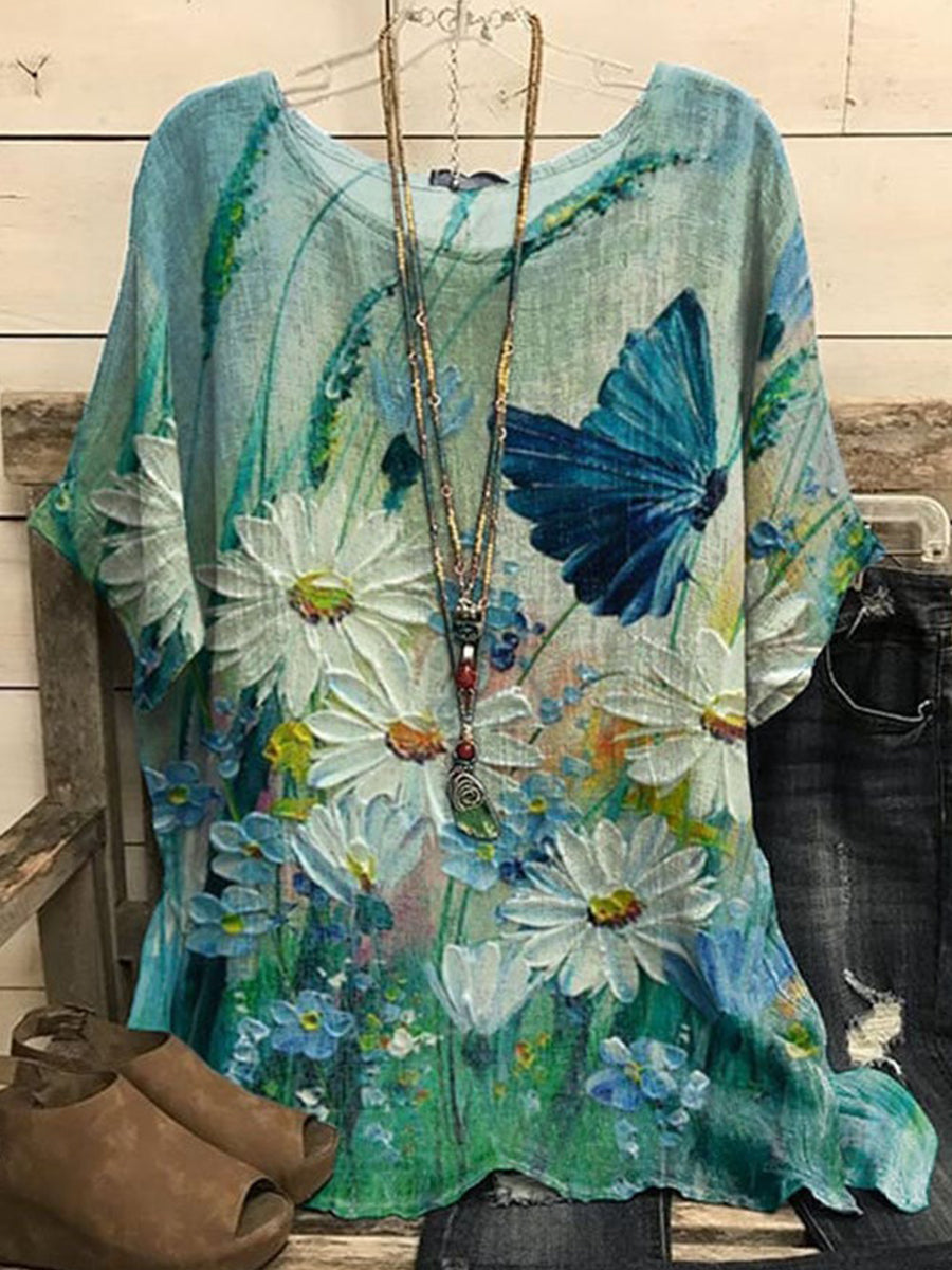 Casual Crew Neck Loose Floral Shirt