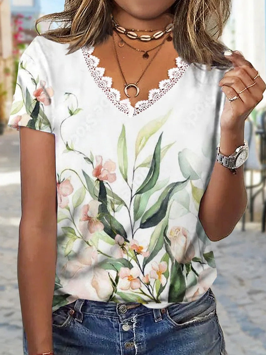 Floral Print V-neck Lace Short Sleeve T-shirt