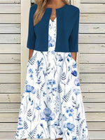 Casual Elegant Floral Printed V Neck Half Sleeve Two Piece Dress