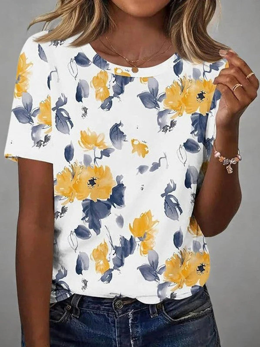 LilyWish Vintage Floral Print Round Neck Short Sleeve T-Shirt