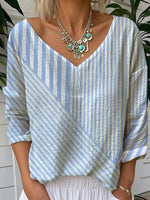 LilyWish Blue V-neck 3/4 Sleeve Striped Top