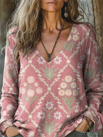 Floral Printed V-neck Long Sleeve Comfy T-shirt