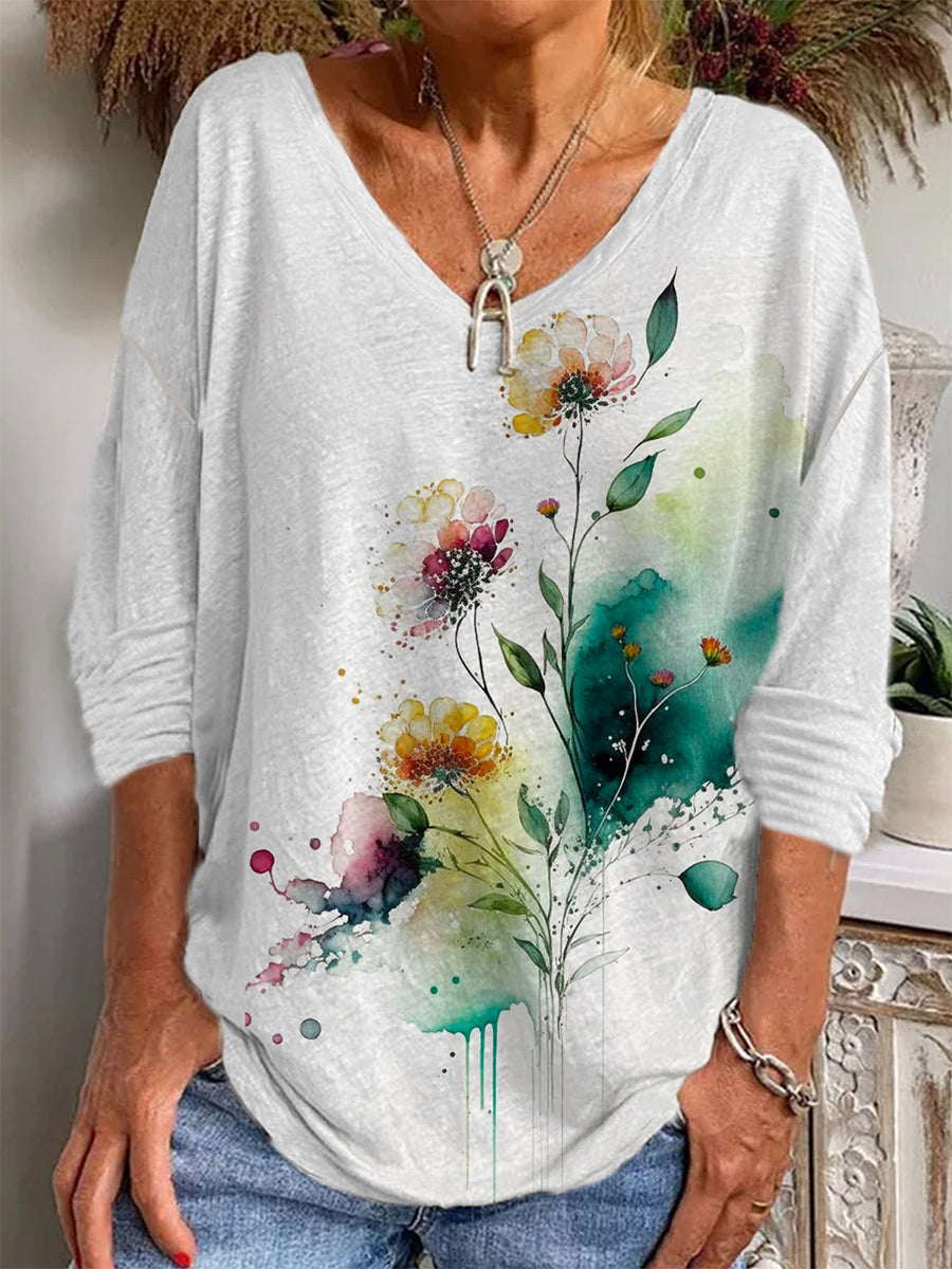 Casual Floral Print V Neck Long Sleeve Blouse