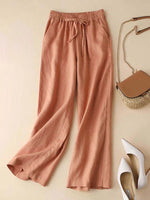 LilyWish Orange Belted Loose Cotton And Linen Pants