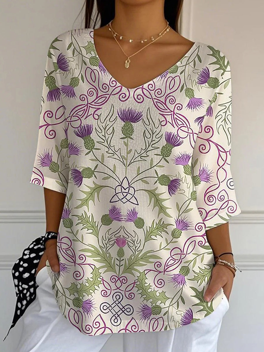 LilyWish Groovy V-neck 3/4 Sleeve Floral Print Top
