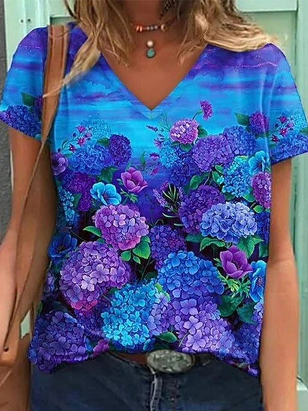 Casual V-neck Short Sleeve Floral Printed Blouse