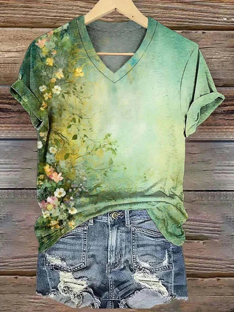 LilyWish Vintage Floral Print V-neck Short Sleeve T-Shirt