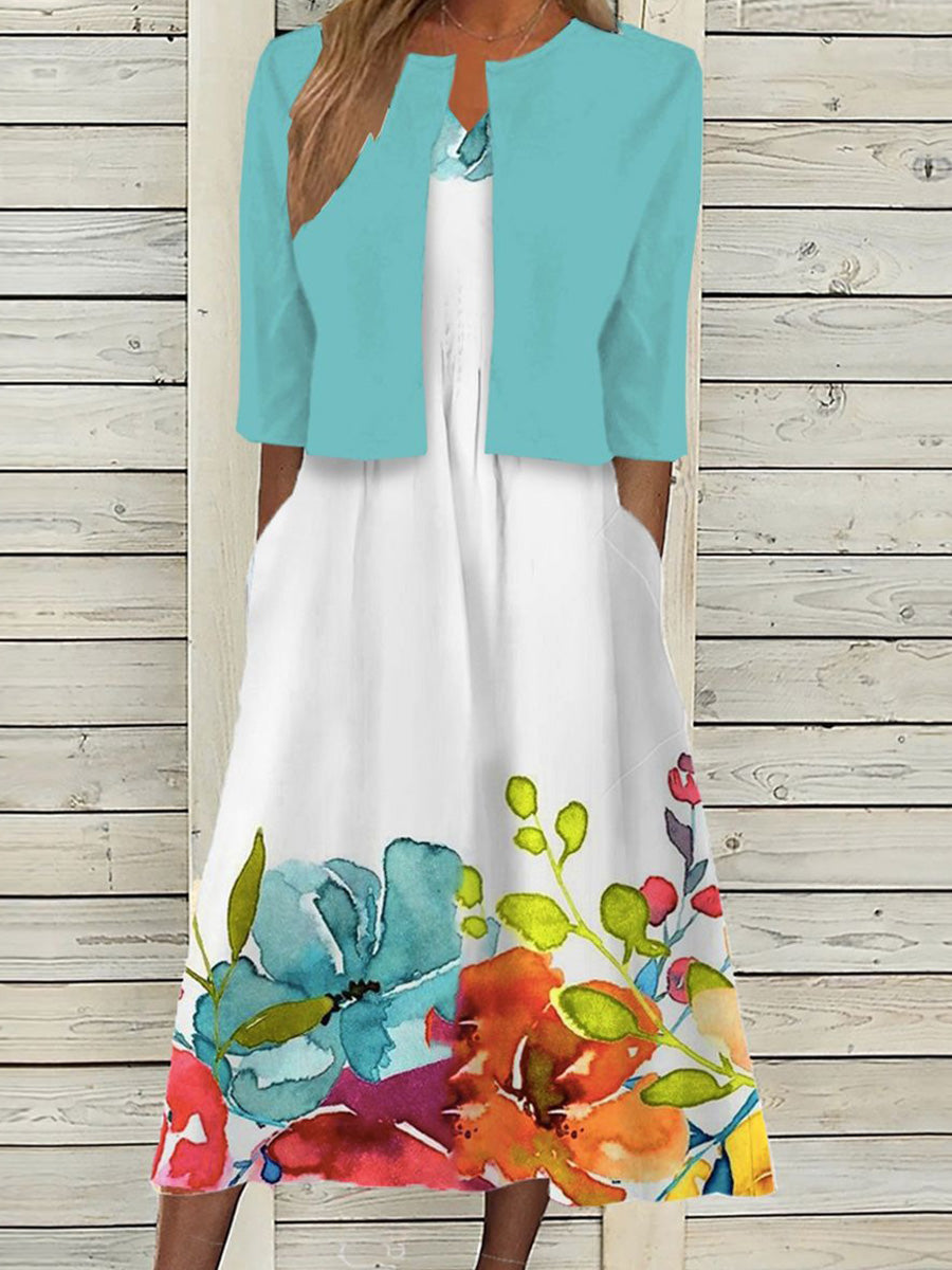 Romantic Floral Print Midi Dress With Jacket
