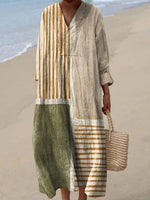 LilyWish Women’s Vintage Patchwork Stripe Long Sleeve Loose Maxi Dress