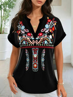 LilyWish Vintage Floral Print V-neck Short Sleeve Blouse