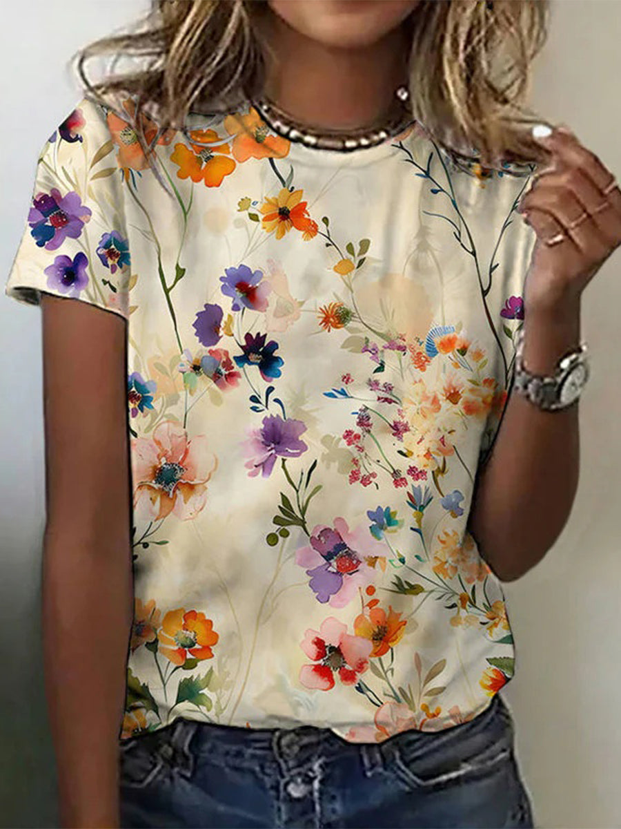 LilyWish Vintage Floral Print Round Neck Short Sleeve T-Shirt