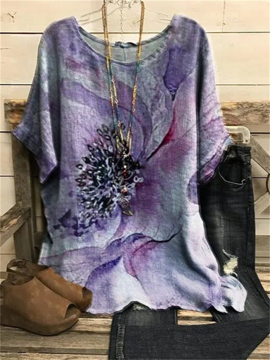 Crew Neck Floral Casual Vacation Tops Purple