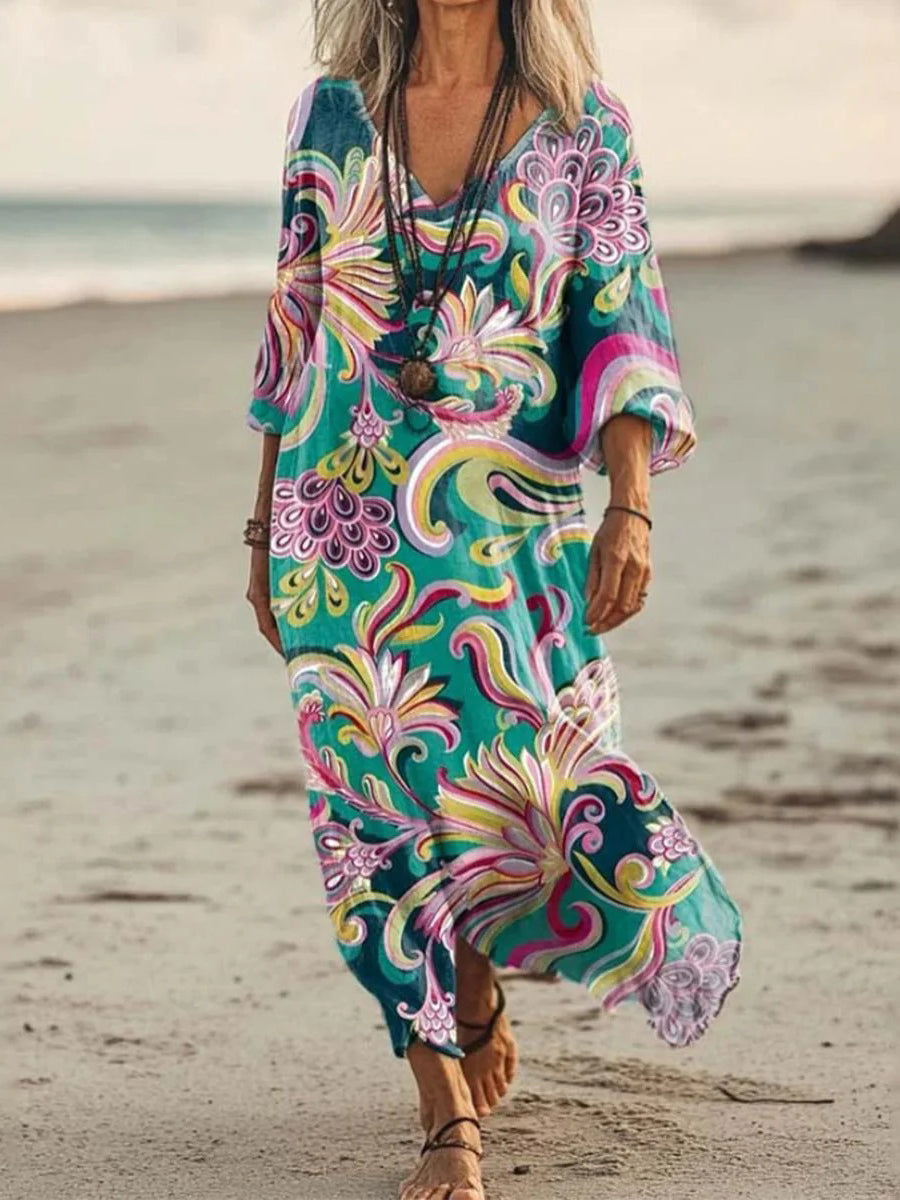 Green V-Neck Long Sleeve Maxi Dress