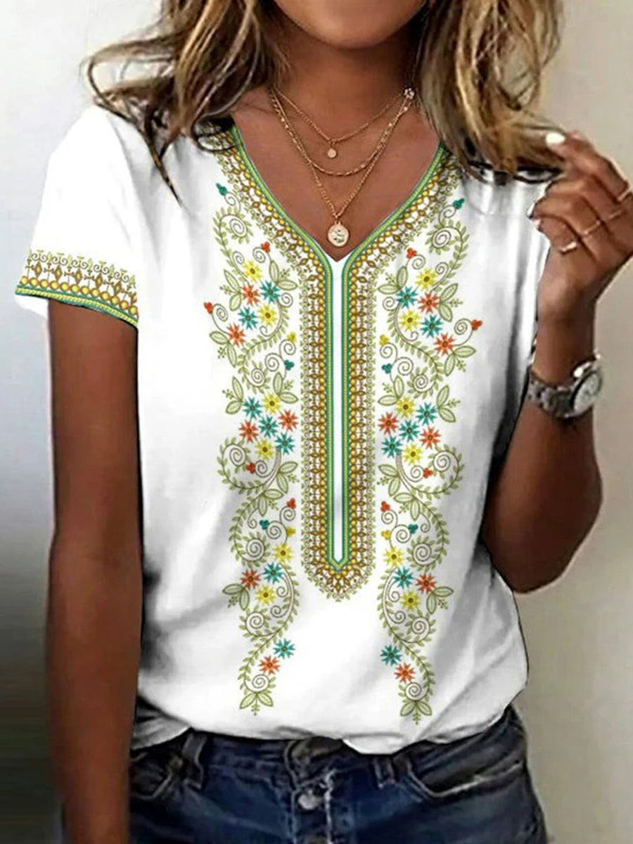 LilyWish Vintage Casual V-neck Short Sleeve T-Shirt