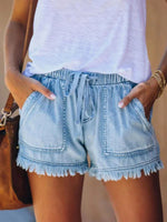 Casual Drawstring High Waisted Denim Fringed Shorts