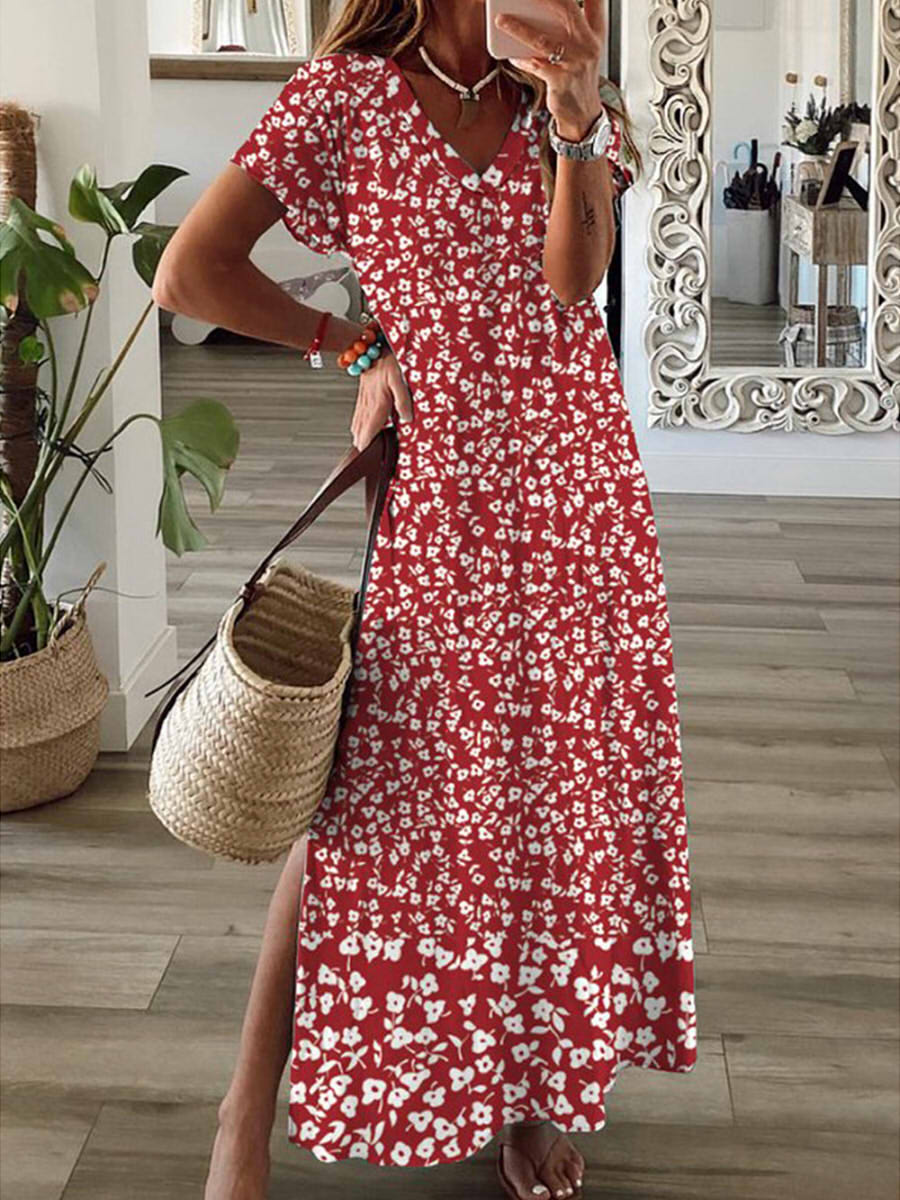 LilyWish V-neck Short Sleeve Loose Vacation Floral Maxi Dress