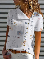 LilyWish White Casual V Neck Floral Printed Short Sleeve Blouse