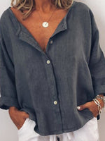 LilyWish Casual Solid V-neck Long Sleeve Buttoned Blouse
