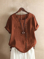 Women's Casual Loose-Fit Cotton Short Sleeve Blouse with Side Buttons