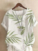 Casual Leaf Print Round Neck Short Sleeve Blouse