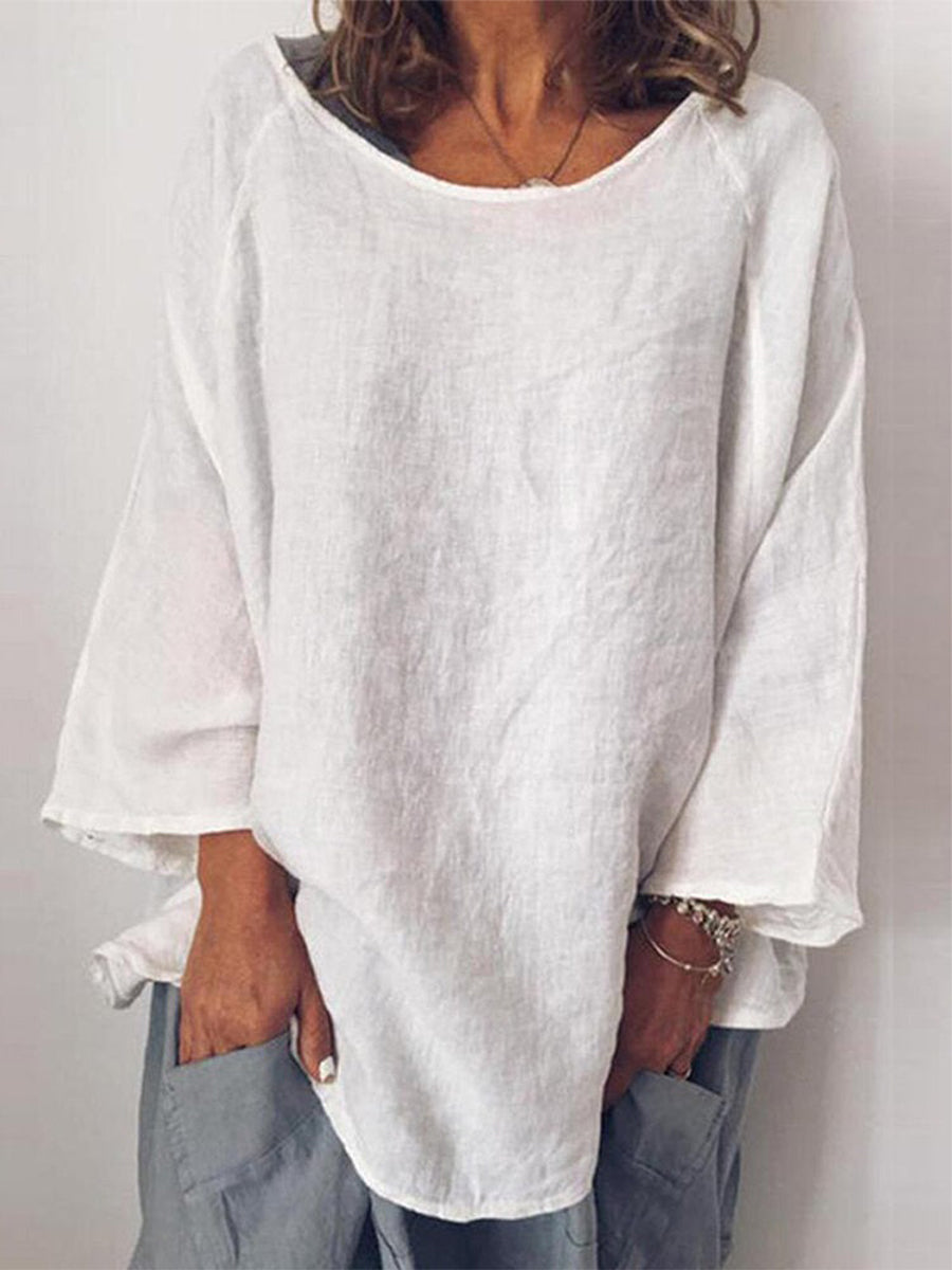 LilyWish Plain Crew Neck Cotton Casual Long Sleeve Blouse
