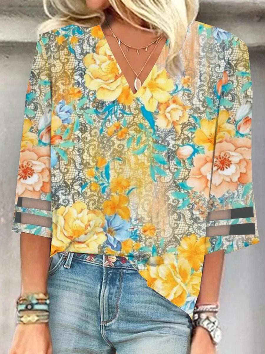 LilyWish Yellow V-Neck Floral Print Top