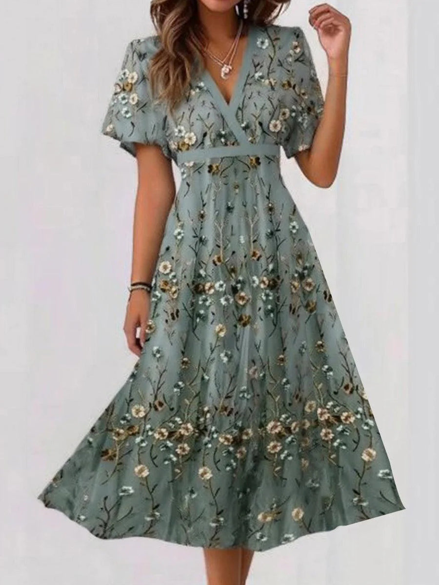 Stylish Floral Print V-neck Short Sleeve Midi Dress