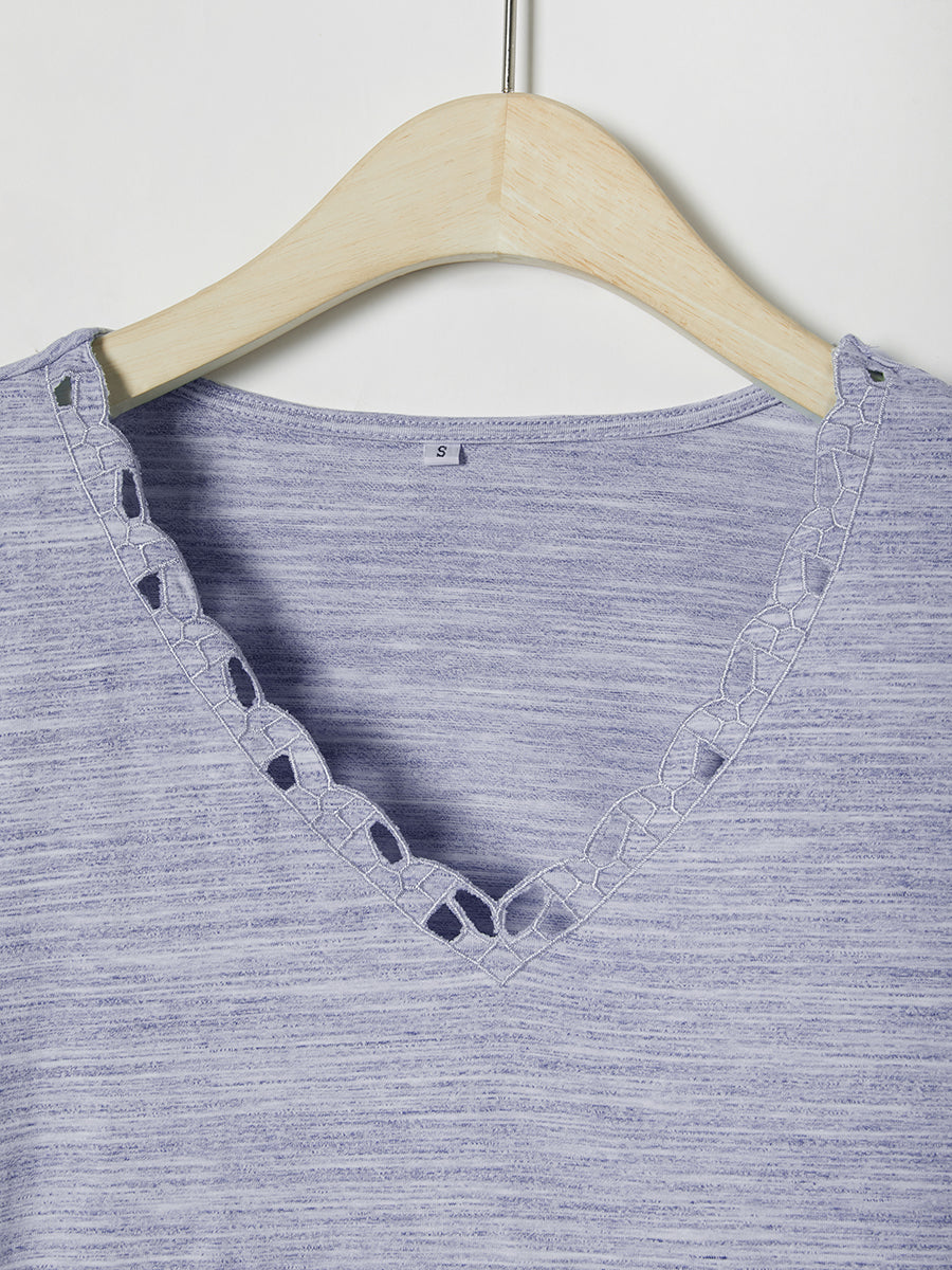 Casual Solid Embroidery V-neck Short Sleeve T-shirt