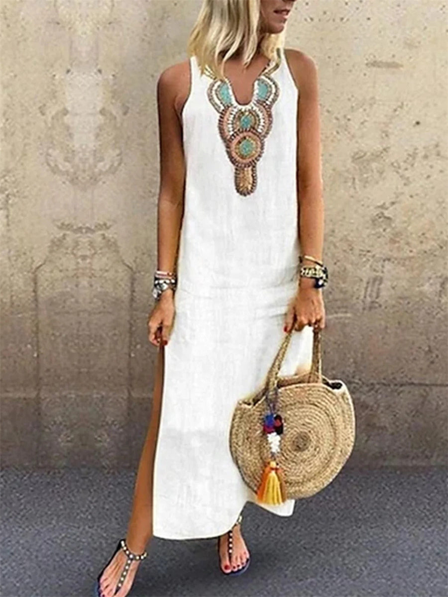 LilyWish Women's Ethnic V-Neck Sleeveless Relaxed Fit Vacation Maxi Dress