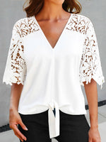 LilyWish White Casual V Neck Lace Half Sleeve Blouse