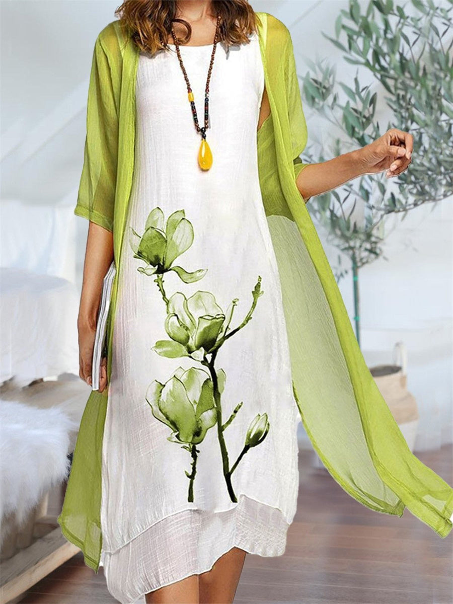 LilyWish Green Floral Round Neck Two-Piece Midi Dresses