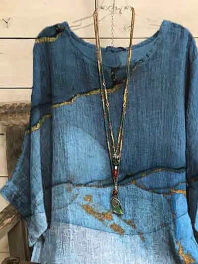 Casual Round Neck 3/4 Sleeve Marble Print Blouse