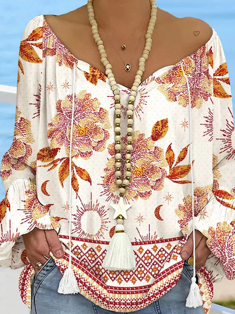 Chic Floral Print V-Neck Long Sleeve Top