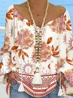 Chic Floral Print V-Neck Long Sleeve Top