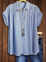 LilyWish Striped Linen Stand Collar Short Sleeve Blouse