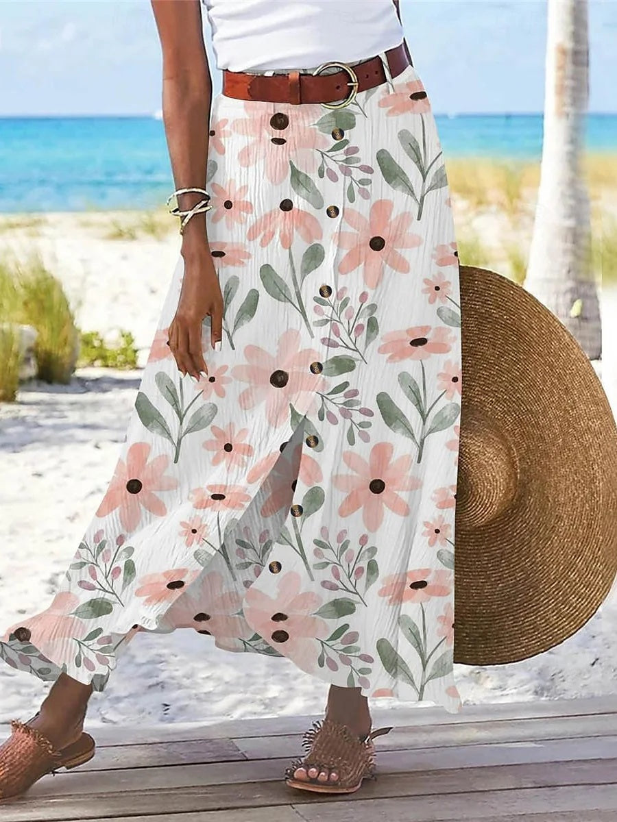 LilyWish Women's Floral Printed Graphic Straight Fashion Split Button Maxi High Waist Skirt