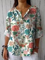 LilyWish Tranquil Vintage Floral Pattern Printed Women's Casual Cotton Linen Shirt