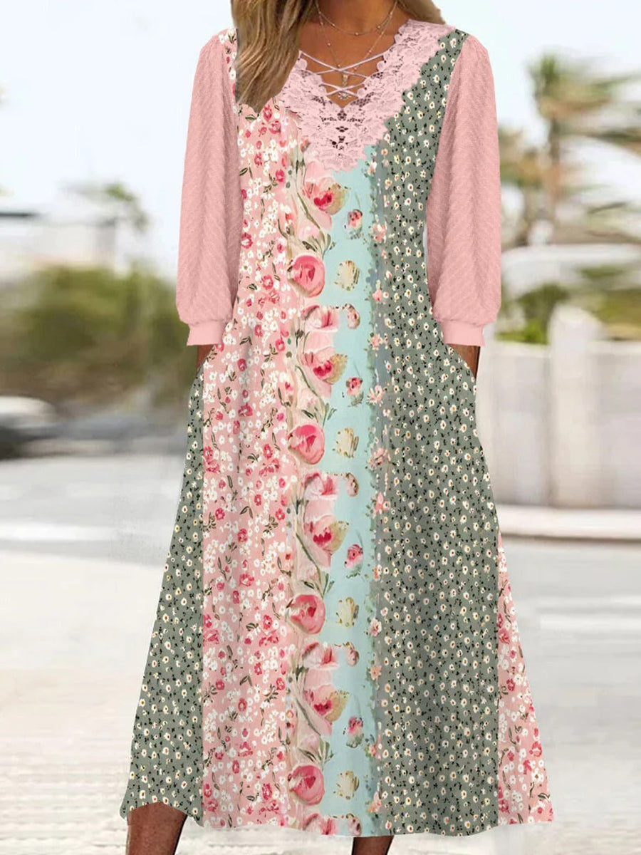 Women's Long Sleeve V-neck Floral Printed Lace Stitching Midi Dress