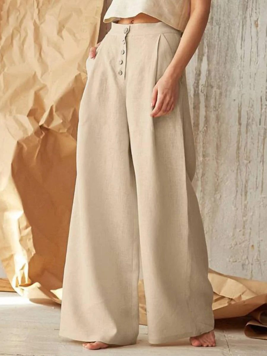 LilyWish Solid Color High Waist Casual Button Cotton Wide Leg Pants
