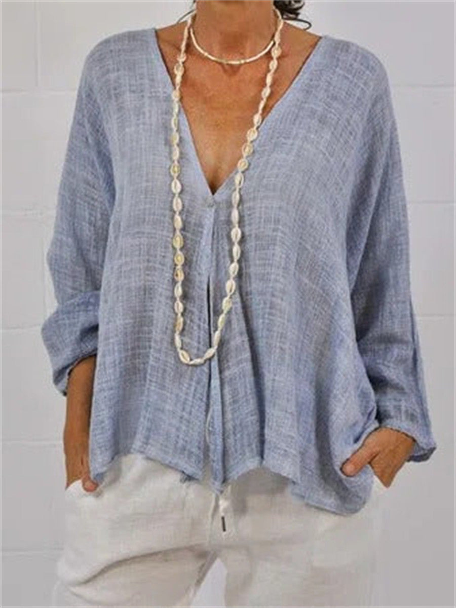 Women’s Casual Solid Color Textured V Neck Loose Long Sleeve Blouse