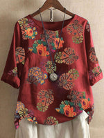 Red Round Neck Short Sleeve Floral Printed Blouse