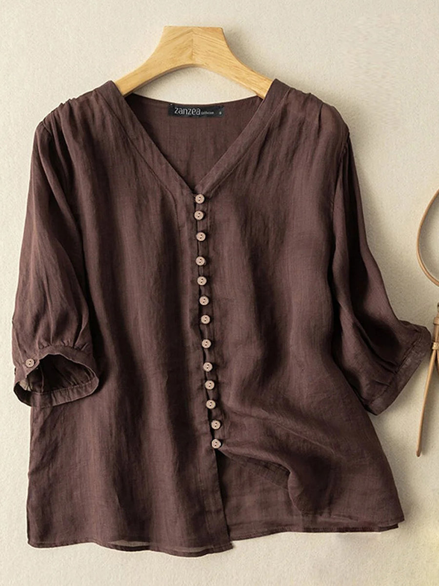 Women Solid V-Neck Button Front Cotton 3/4 Sleeve Shirt